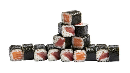 Stacked tuna and salmon maki sushi rolls wrapped in nori seaweed © Asmud