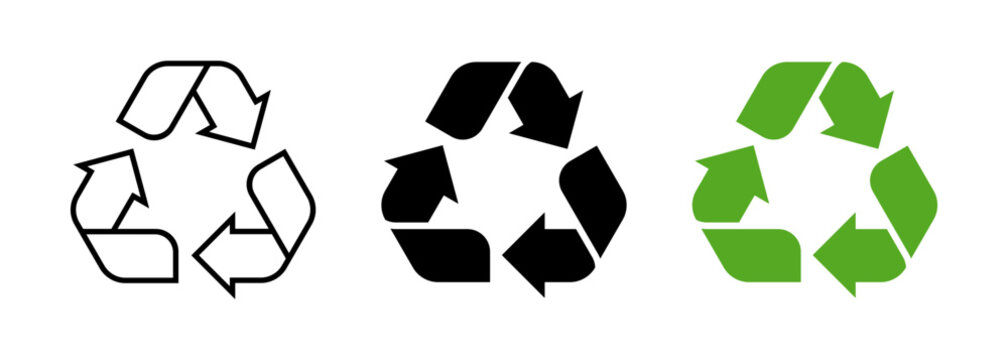 Recycle symbol icons on transparent background, SVG, PNG. Recycle vector logo with flat green, solid black and black outline.	