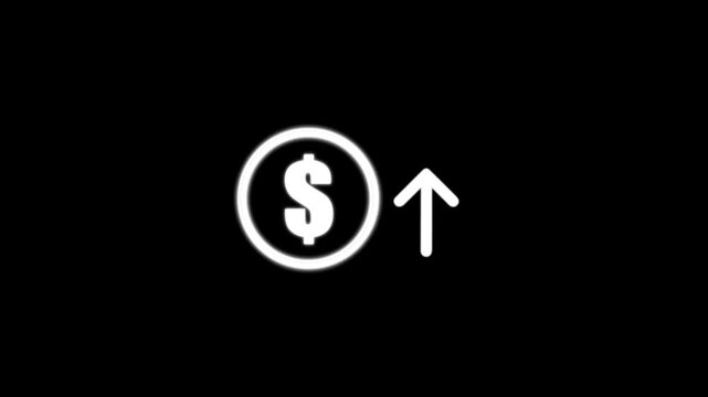 Clean outline dollar symbol combined with a rising arrow, creating a simple animated icon for currency price growth, inflation, and market increase.