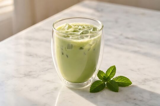 Iced green tea matcha latte with ice cubes in double wall glass on white marble table