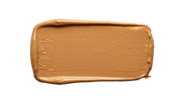 Beige liquid foundation makeup swipe with a smooth glossy texture showing dense pigment density applied neatly on transparent background