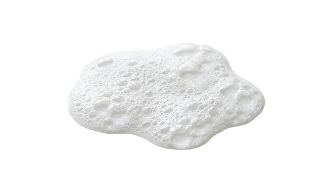 Creamy white soap foam texture with various delicate bubbles and smooth liquid consistency captured in studio light on transparent background