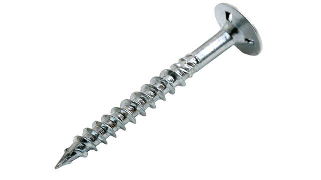 Silver metal wood screw with flat countersunk head and sharp threaded shank