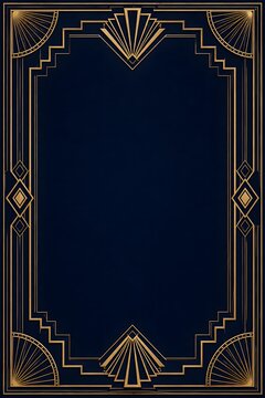Elegant art deco wedding invitation with golden geometric patterns on a deep navy blue background