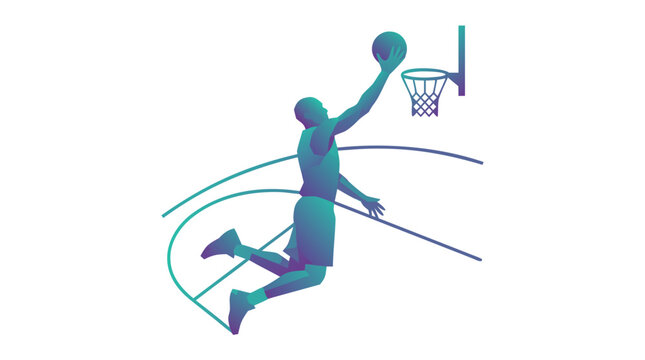 Basketball player silhouette dunking the ball with gradient color design elements