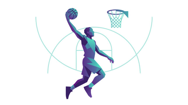 Basketball player dunking ball in hoop vector illustration with court lines background