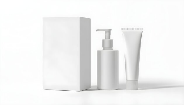 Minimalist white cosmetic packaging mockup with pump bottle and rectangular box for branding design