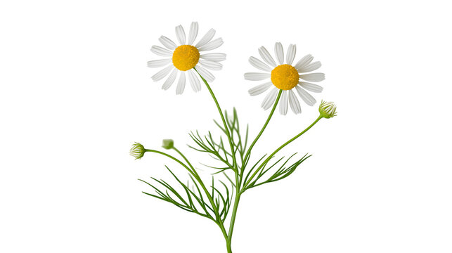 Two blooming chamomile flowers with green stems and delicate feathery leaves