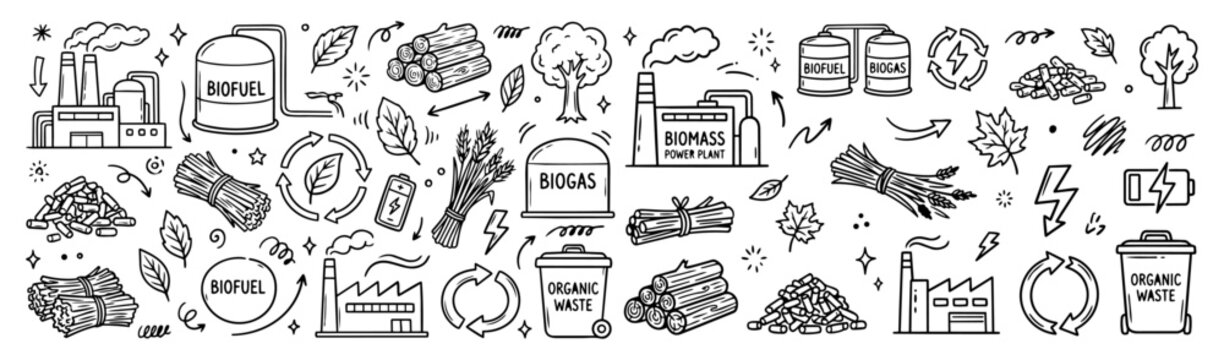 Hand drawn doodle vector mega pack of biomass energy featuring biomass power plant, biofuel tank, biogas tank, wood logs, pellets, crop waste and renewable energy elements isolated on white background