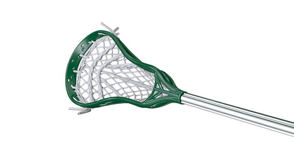 Green plastic lacrosse stick head with white nylon mesh netting and metal shaft © Asmud