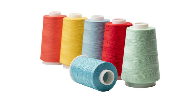 Colorful sewing thread spools in red yellow blue and green shades