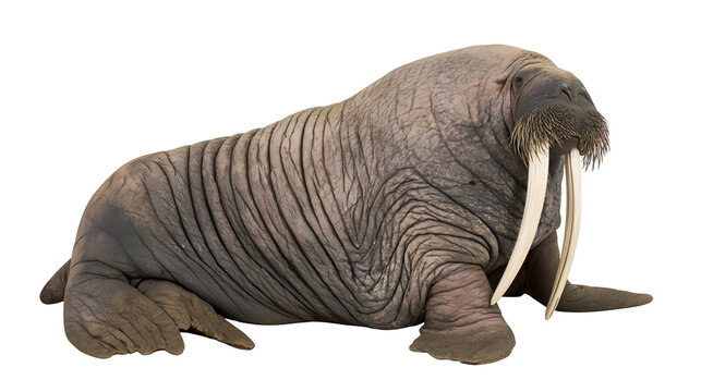 Large adult walrus with long ivory tusks and wrinkled brown skin