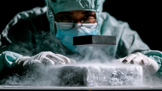 939. A candid photo of a researcher wearing cleanroom gear observing a magnetic levitation experiment. A dark ceramic superconductor floating effortlessly above a frozen nitrogen block, frost 