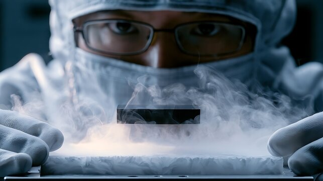 939. A candid photo of a researcher wearing cleanroom gear observing a magnetic levitation experiment. A dark ceramic superconductor floating effortlessly above a frozen nitrogen block, frost 