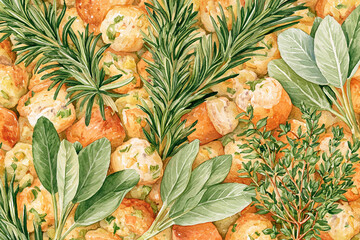 Obraz premium Watercolor full-frame illustration of thanksgiving stuffing and herbs with bread stuffing, fresh rosemary and sage, with fine textured detail across the composition