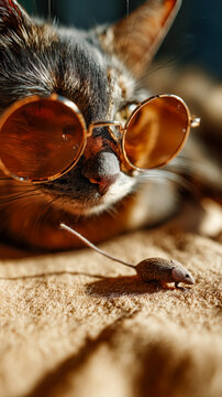 Sunlit cat in sunglasses with a tiny mouse companion