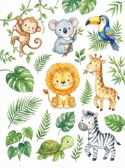 Fototapeta premium Watercolor Jungle Animals and Tropical Leaves Set - Cute Lion, Giraffe, Zebra, Monkey, Koala, Toucan and Turtle Art