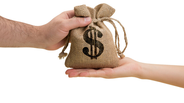 Burlap sack with dollar sign symbol held between two hands