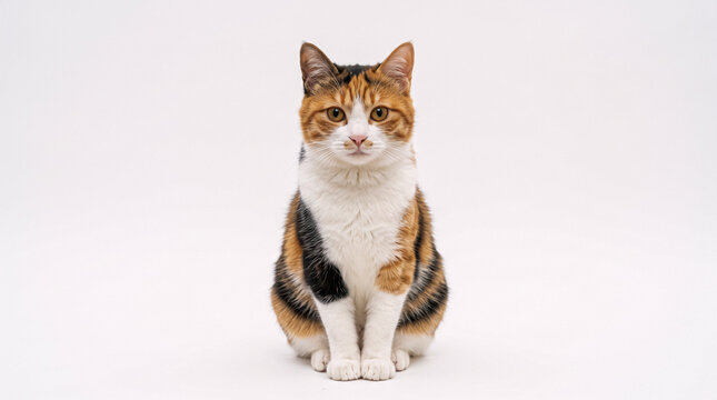 Calico Cat Sitting and Looking at Camera Against White Background