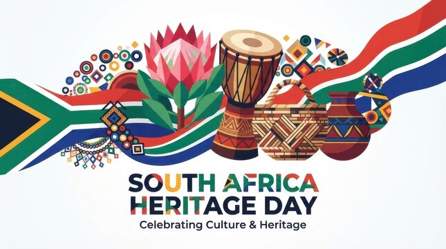 South Africa Heritage Day celebration with cultural icons and flag
