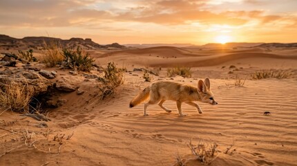 Fototapeta premium Fennec Fox in the Desert Sunset: A solitary Fennec fox with its characteristic large ears walks across rippled sand dunes as the sun sets, casting a warm golden glow over the arid desert landscape.