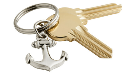 Brass house key on a metal ring with a silver anchor shaped keychain charm © Anouk