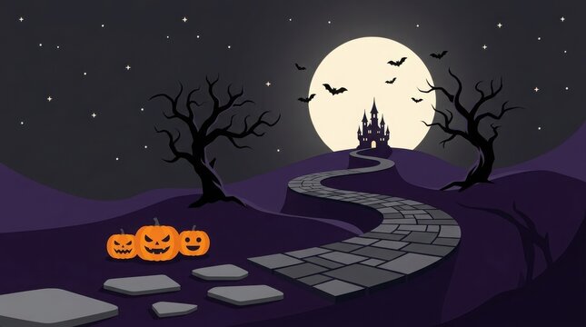 A spooky halloween night scene featuring a full moon silhouetted trees and a stone pathway leading to a mysterious haunted castle