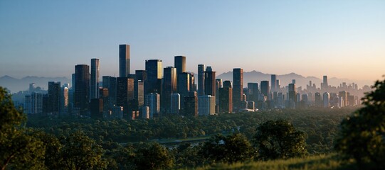 Naklejka premium Modern city skyline with green corridors and landscaped public spaces at sunrise