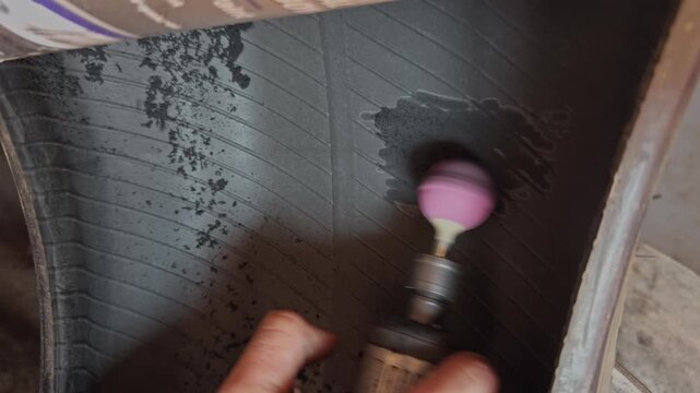 A close up view shows a rotary sanding tool flattening and smoothing the punctured area on the tire surface