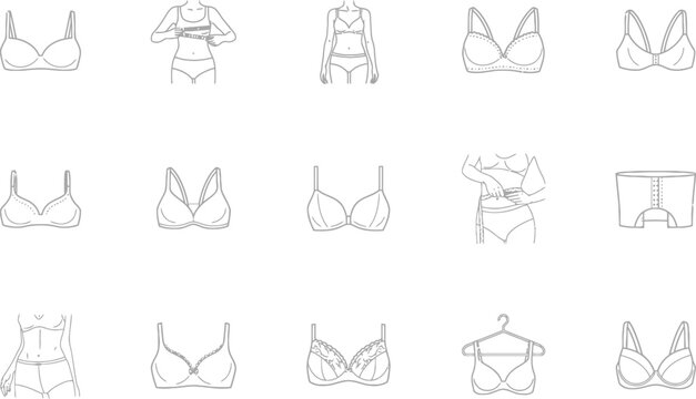 bra types and underwear size line icon set lingerie measurement collection vector illustration