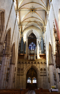Central Nave Vaulting and Main Pipe Organ above Entrance Gate inside Ulm Minster, Germany