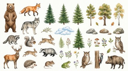 Obraz premium Watercolor Forest Animals and Woodland Nature Elements Set - Hand-Drawn Illustrations of Bear, Wolf, Fox, Deer, and Trees