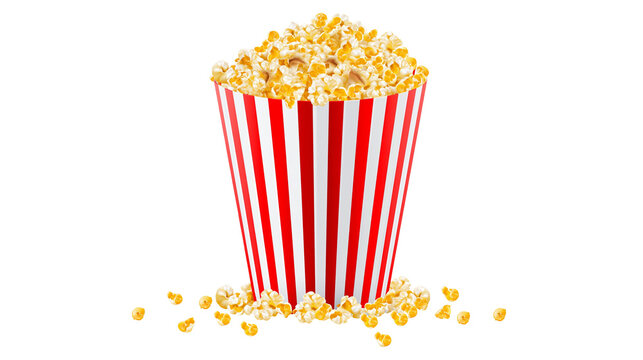Buttery salted popcorn in a red and white striped paper bucket