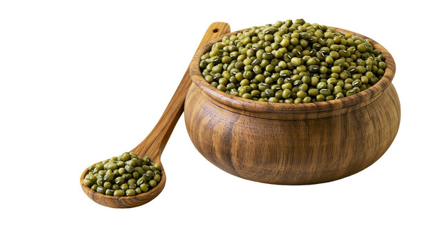 Dried green mung beans in a wooden bowl with a matching wooden spoon