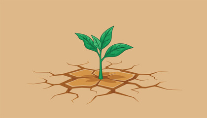 Fototapeta premium Vibrant green seedling grows tall from dry cracked soil highlighting nature's persistence and the hope for restoration in a dry arid environment.