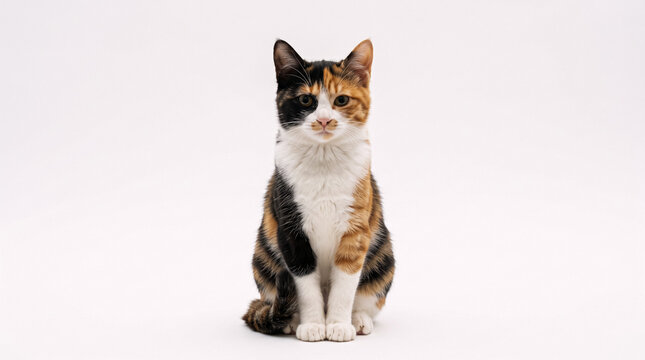 Cute calico cat sitting and looking at camera on white background