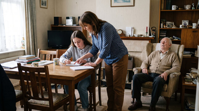Mother helping her daughter with homework while grandfather naps nearby