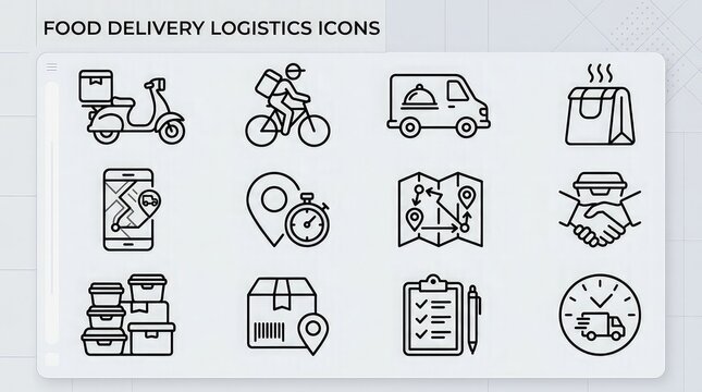 Food delivery logistics line icon set containing icons for scooter delivery, bicycle courier, van transport, hot food bag, mobile tracking, location timer, route map, and order clipboard