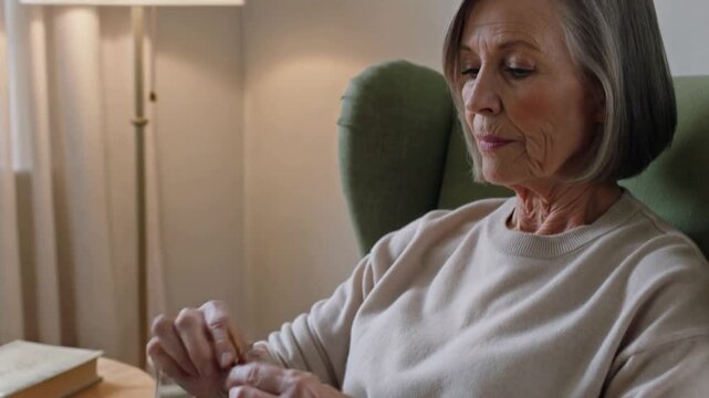 Sitting in green chair by window senior in light sweater making knit project with wooden needles