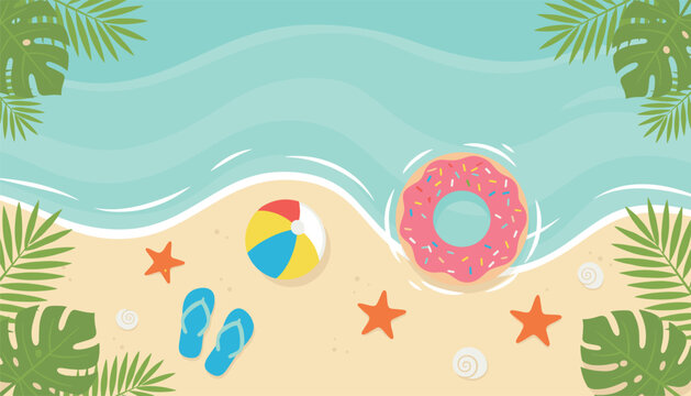 Top-down beach scene features a delicious donut shaped pool floatie in the water, beach ball, flip-flops, and starfish on sand.