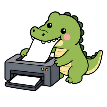 Green crocodile using printer to print paper, cute cartoon illustration with expressive smile and office technology concept