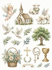 Naklejka premium Watercolor Religious Symbols Collection with Angel, Church, Lambs, Doves, and Christian Icons for Baptism and First Communion