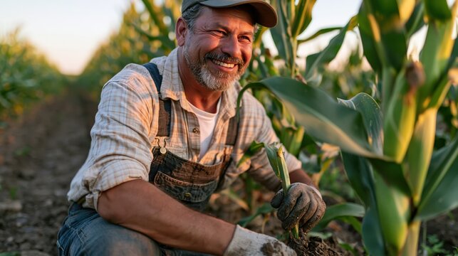 Farmer kneeling in cornfield inspecting stalks and soil before harvest