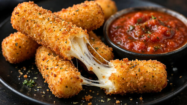 Crispy fried mozzarella sticks with melted cheese pull and marinara dipping sauce on a black plate