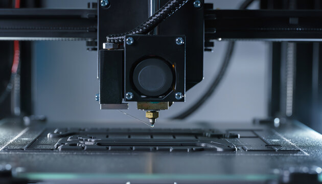 Close-up of a 3D printer nozzle actively printing a detailed object layer by layer with precision lighting.