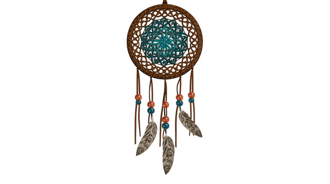Handmade dreamcatcher with brown leather hoop, teal geometric web and feathers
