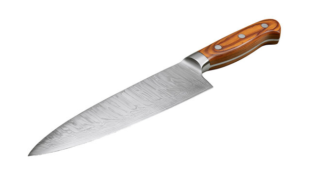 Damascus steel chef knife with wooden handle and metal rivets