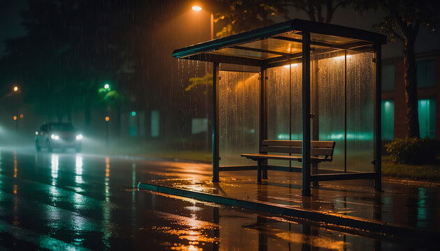 A rainy night scene with a wet, empty bus stop shelter illuminated by streetlights on a reflective urban street.