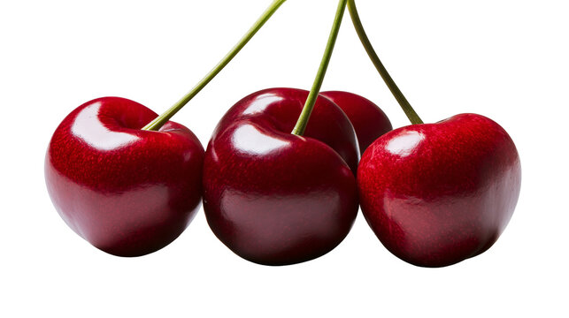 Three ripe red cherries with green stems