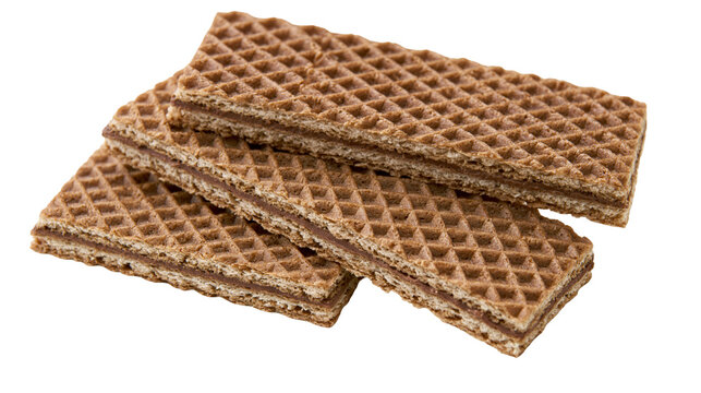 Stacked rectangular chocolate wafer biscuits with crispy textured layers